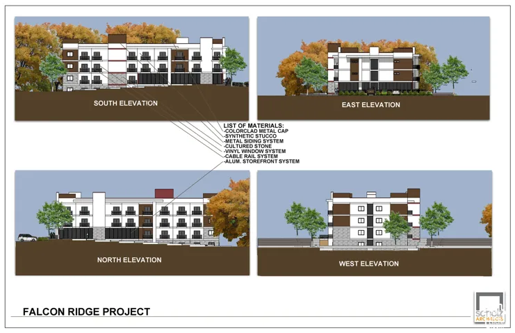 Architectural Elevations. Presenting the South, East, North, and West elevations for the Falcon Ridge Project, including a list of specified materials