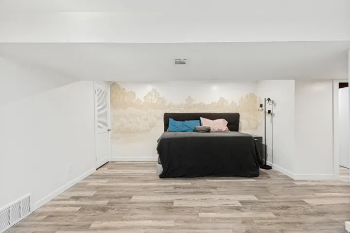 Spacious room featuring wood-finish flooring, crisp white walls, a louvered white door, and a decorative wall mural