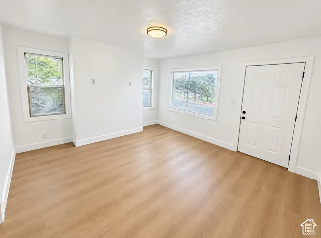 Wood-finish flooring throughout, multiple windows, contemporary flush mount ceiling light, and a paneled entry door