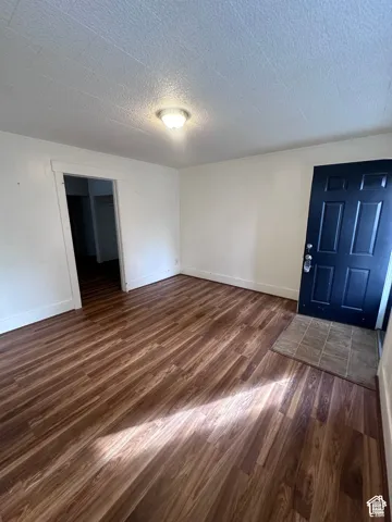 Wood-finish flooring, white walls, and a ceiling-mounted light fixture