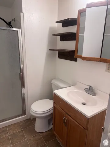 Shower enclosure with frosted glass, three wall-mounted wood-finish shelves, a built-in medicine cabinet, a vanity with a white countertop and integrated sink, and brown tile flooring