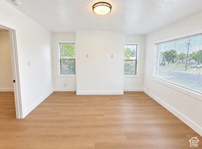 Bright interior with wood-finish flooring, white painted walls, multiple windows, and a flush mount ceiling light