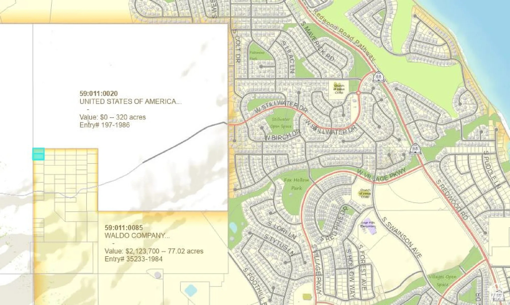 Property Tax Map. Displaying property identification numbers, ownership, and acreage for parcels within the mapped area