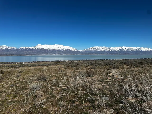 Expansive natural landscape featuring distant snow-capped mountains, a large body of water, and broad clear skies