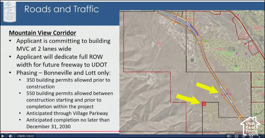 Presentation Slide. Highlighting details of the Mountain View Corridor project, including lane count, right-of-way dedication, phasing, and anticipated completion dates