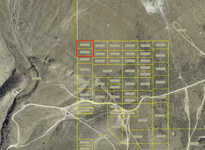 Aerial Parcel Map. Displaying property boundaries and identification numbers for the parcels within the depicted area
