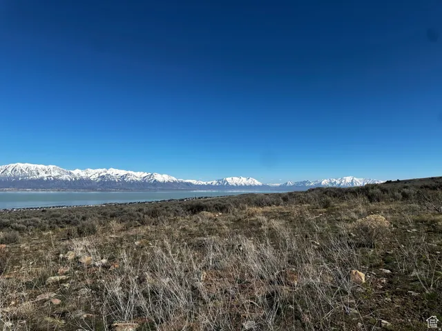 Expansive landscape featuring distant snow-capped mountains and a prominent body of water