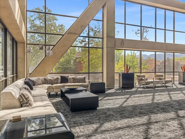 Expansive multi-story window walls, concrete structural elements, and patterned carpet
