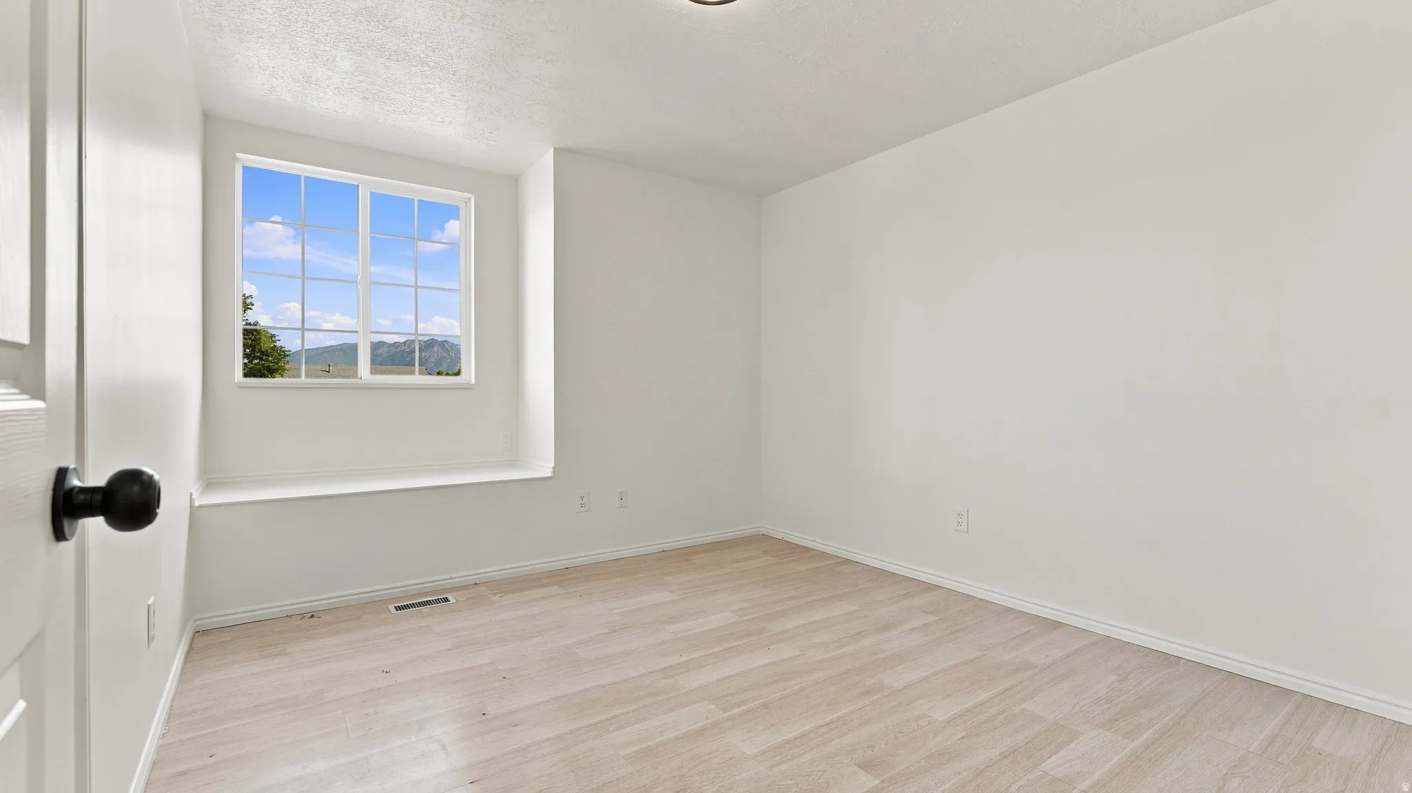 Light wood-finish flooring with white walls and trim
