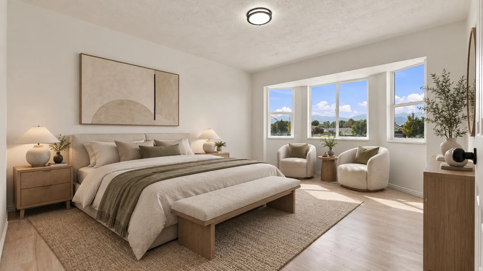 Hardwood-style flooring and a flush-mount ceiling light illuminate this bright room