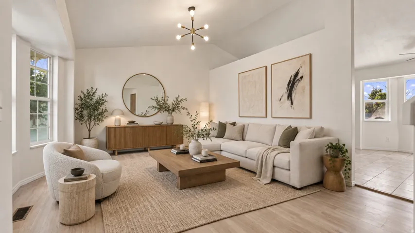 Vaulted ceiling, wood-finish flooring, bay window, built-in wooden sideboard, contemporary chandelier