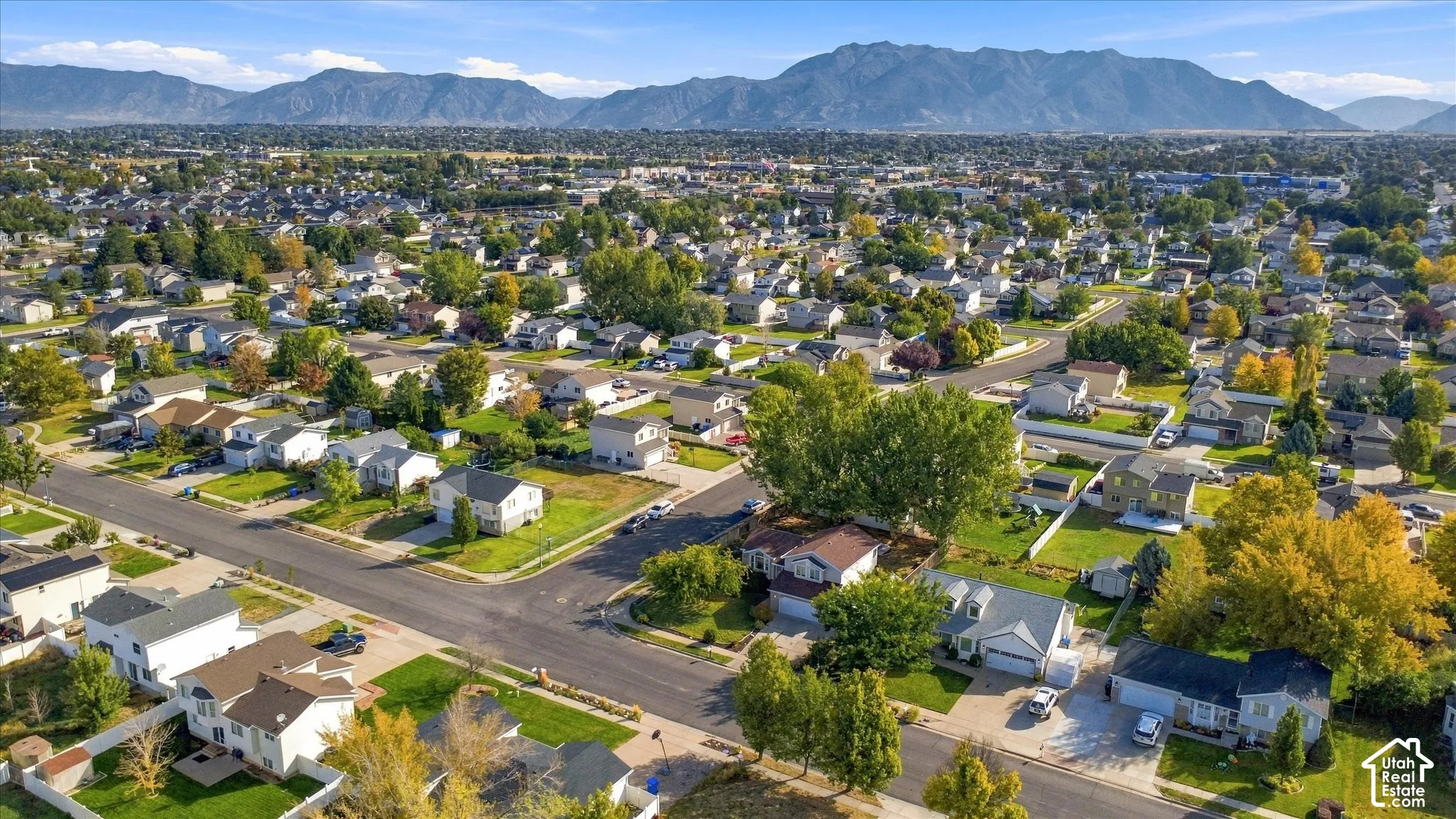 Expansive residential neighborhood with mature trees and mountain backdrop
