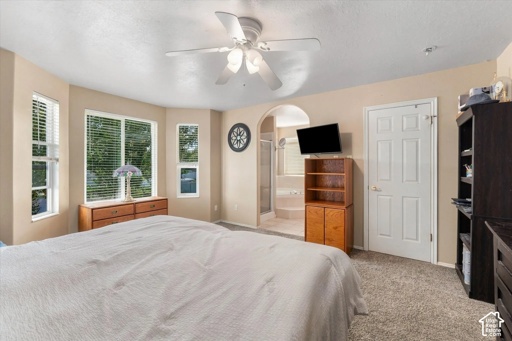 Bay window with multiple windows, carpeted flooring, ceiling fan with integrated lighting, arched doorway, and built-in soaking tub