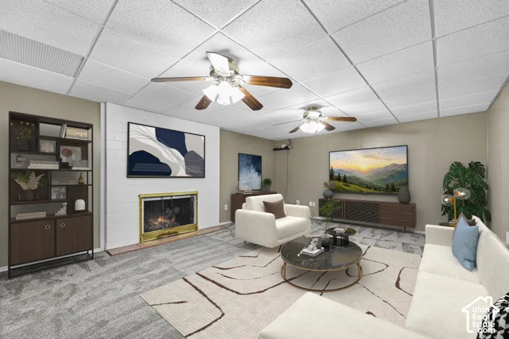 Huge Basement Family Room with Fireplace - Furniture has been added to the photo