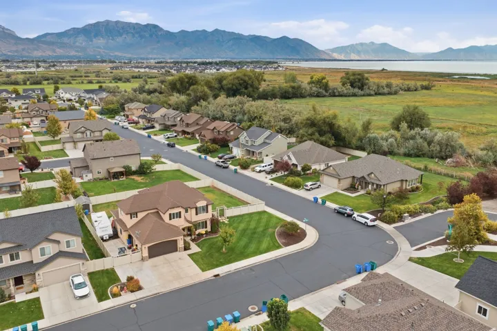 Residential neighborhood with paved streets and landscaped properties