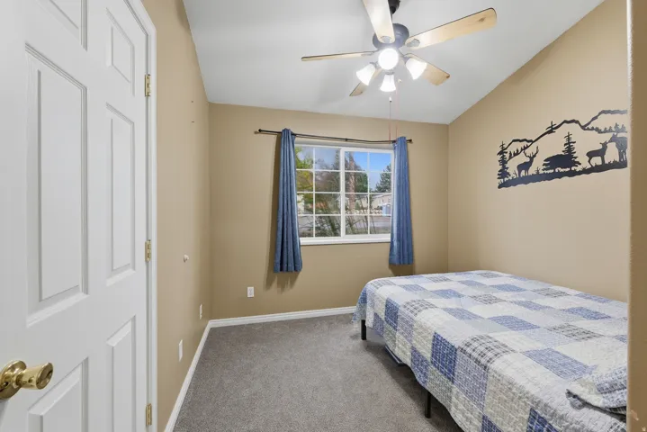 Comfortable bedroom featuring neutral wall finishes, carpeted flooring, a ceiling fan with integrated lighting, and a window with blue drapery