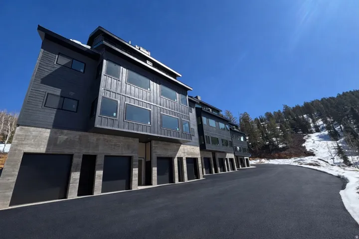 Modern exterior design with dark siding and varied window placement