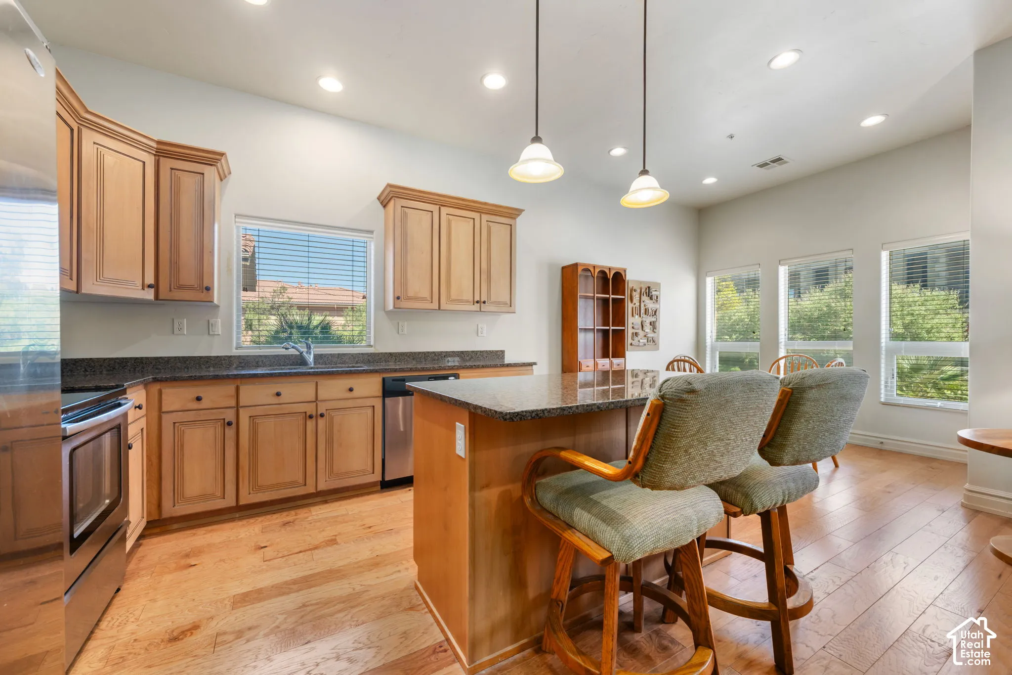 Wood-finish flooring, recessed lighting, and ample natural light from multiple windows