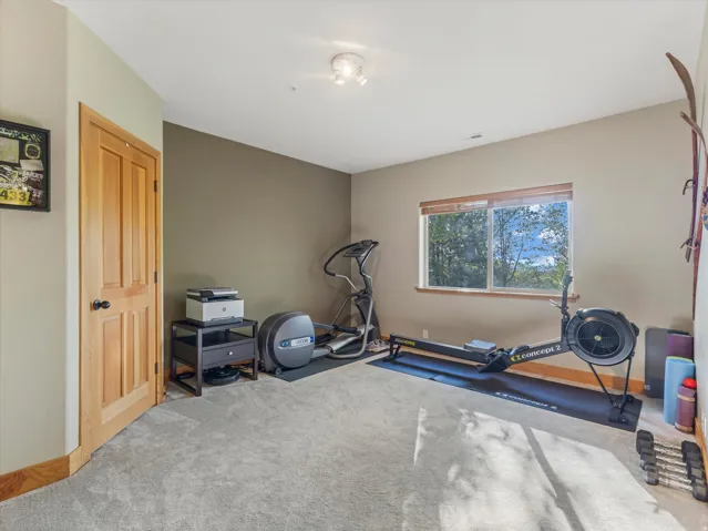Wall-to-wall carpeting, wood-finish door, large window, overhead lighting