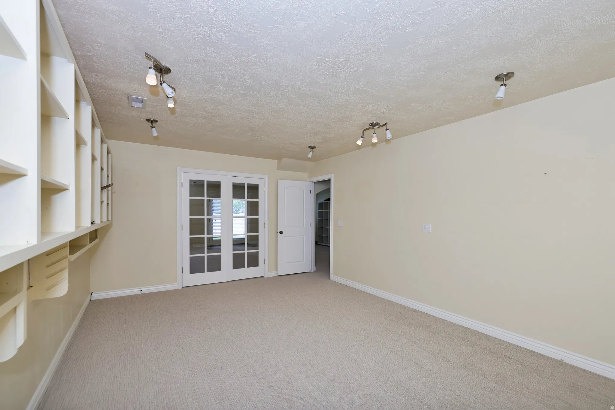 Built-in shelving, carpeted flooring, French doors with divided lites, track lighting, and a paneled interior door