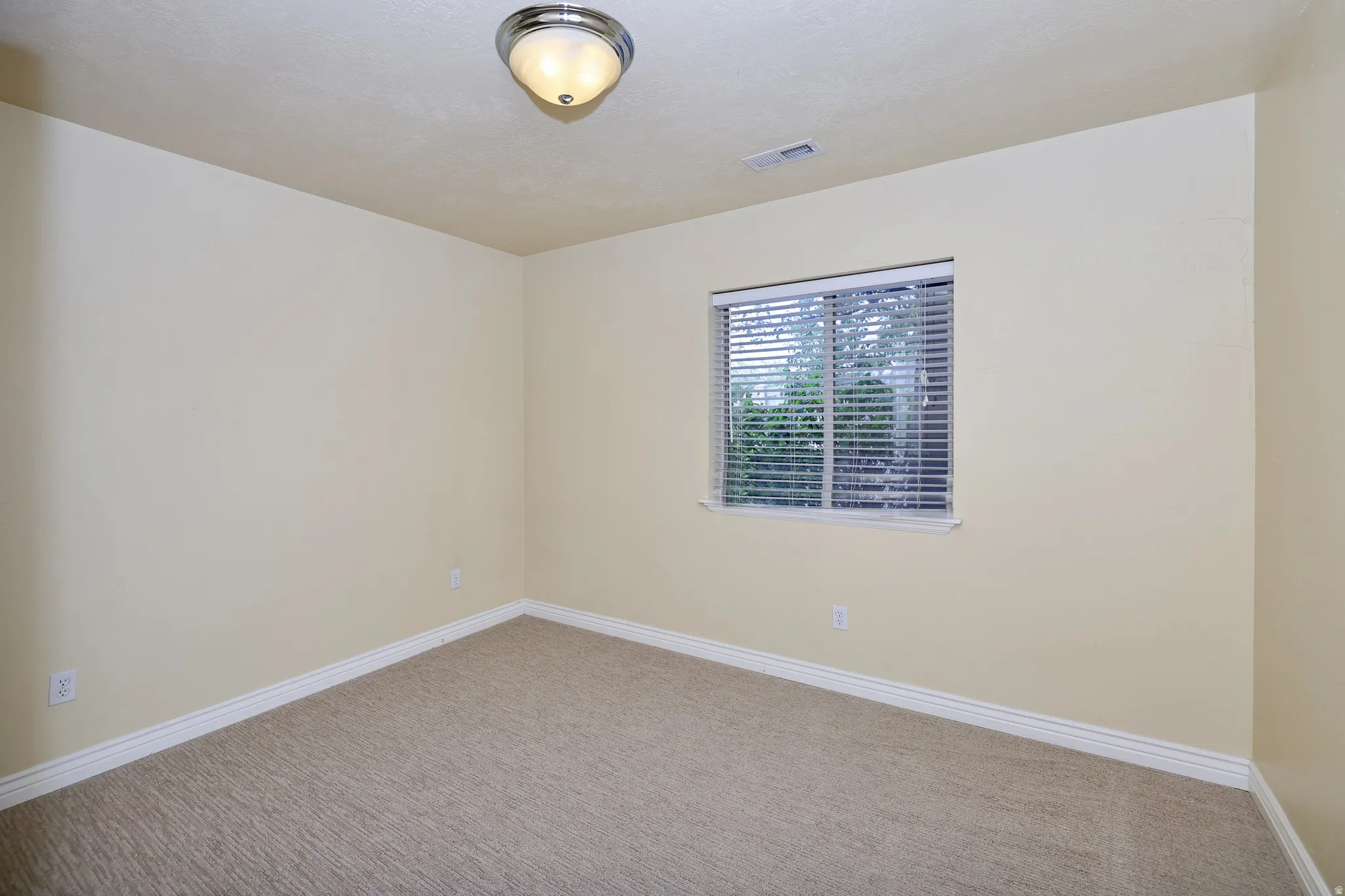 Neutral tone wall paint, textured ceiling, flush mount ceiling light fixture, window with blinds, and carpet flooring