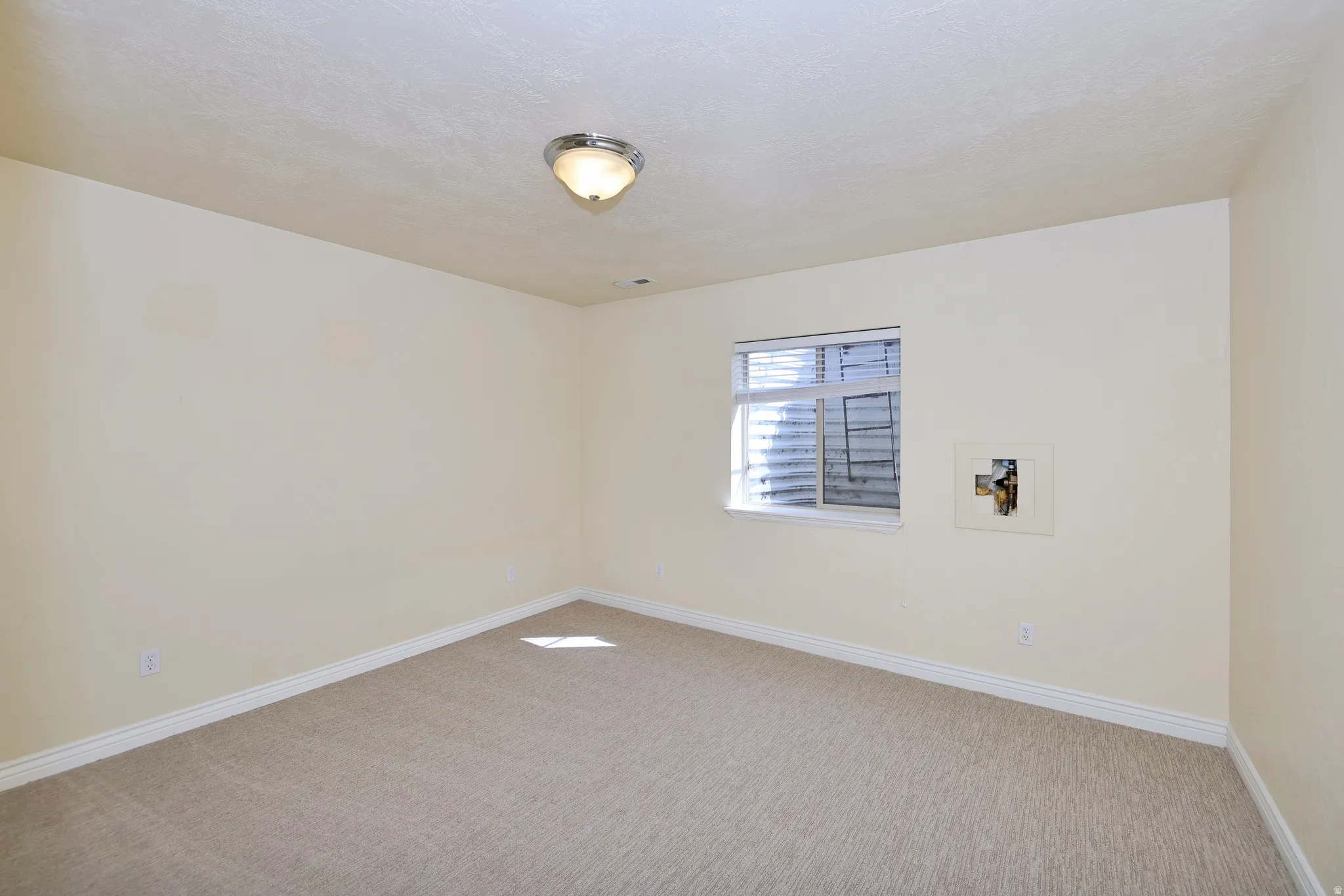 Carpeted room featuring a single window, a ceiling-mounted light fixture, and light-colored walls