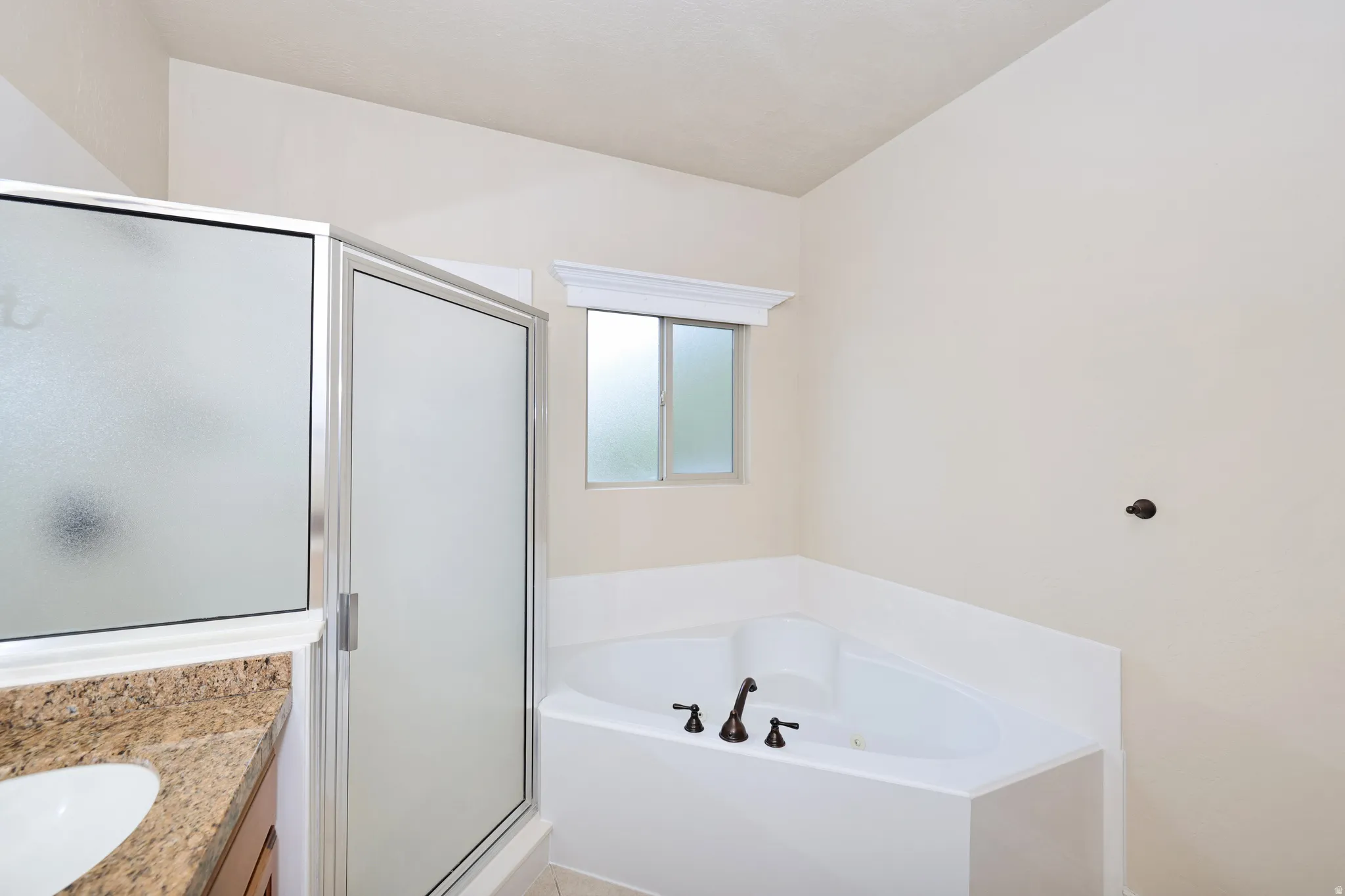 Frosted glass shower enclosure, corner soaking tub, granite-finish countertop, and bronze-finish fixtures