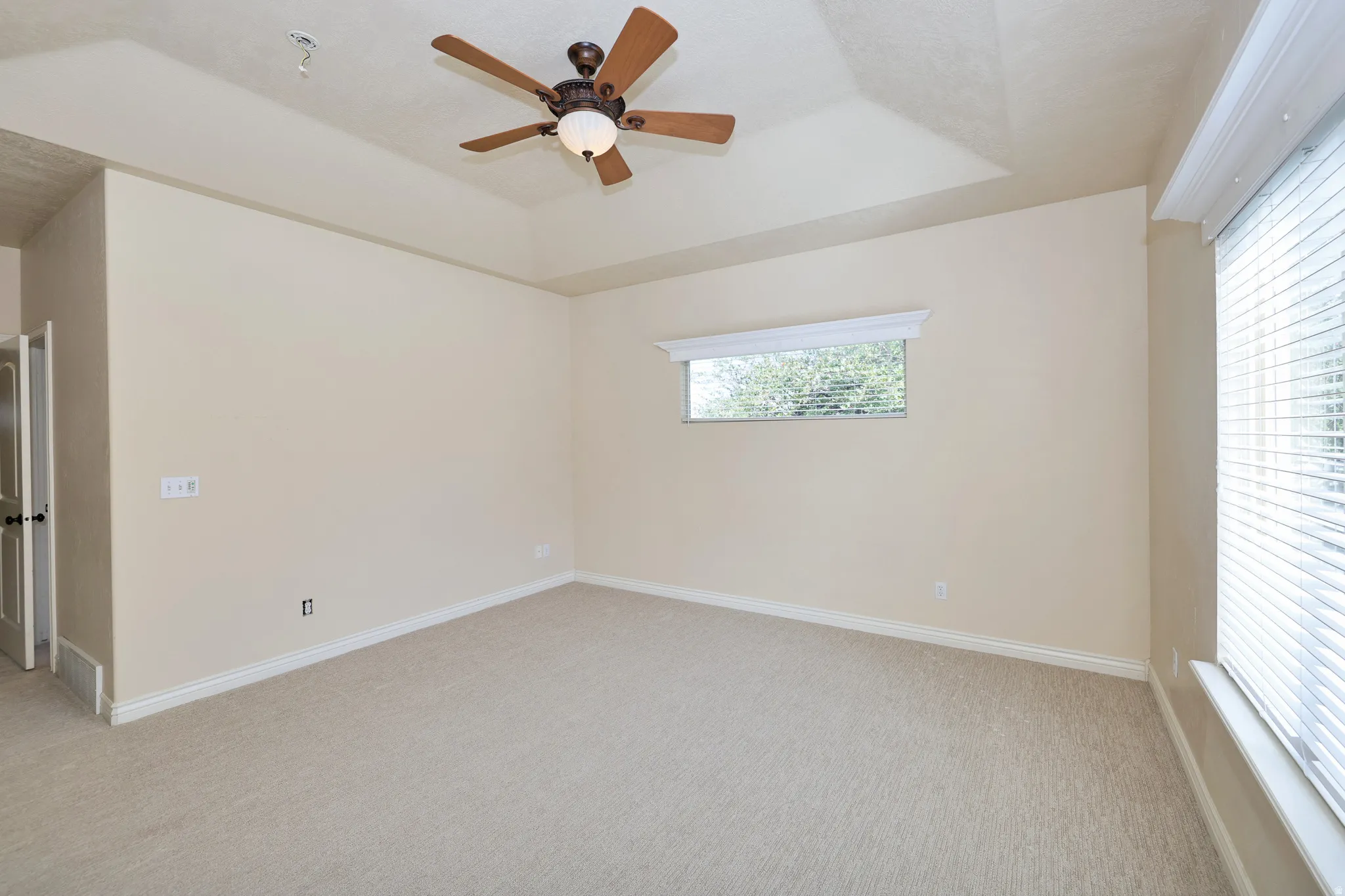 Tray ceiling, ceiling fan with light fixture, neutral carpet flooring, horizontal window blinds, and multiple windows