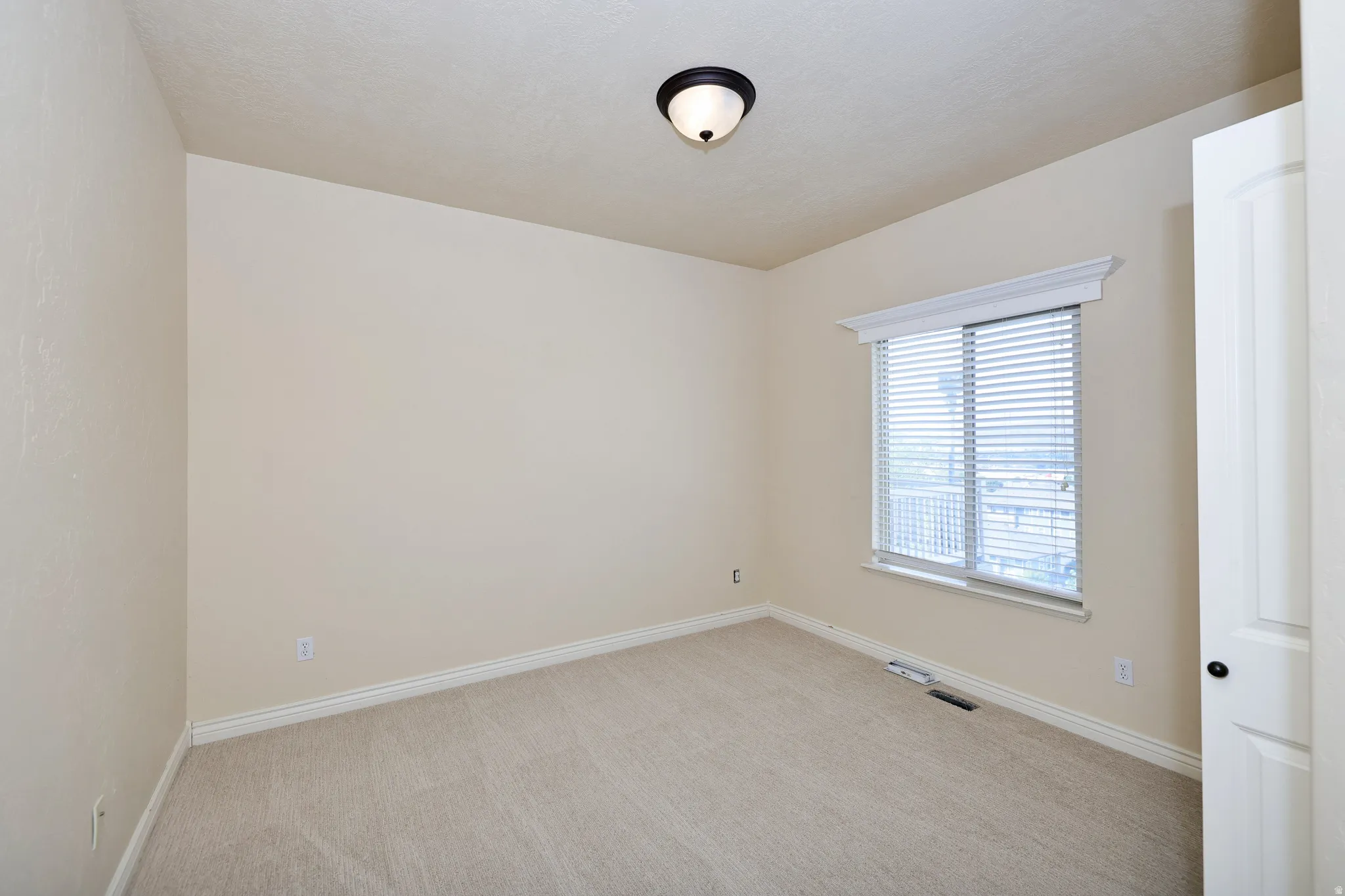 Neutral wall finishes, recessed window, trim work, ceiling-mounted light fixture, and carpet flooring