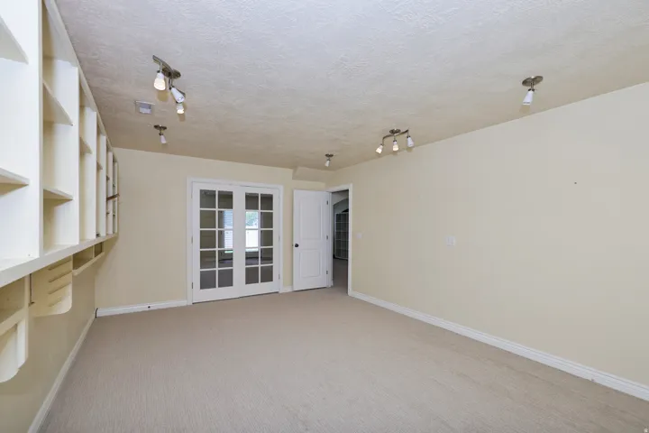 Built-in shelving, carpeted flooring, French doors with divided lites, track lighting, and a paneled interior door