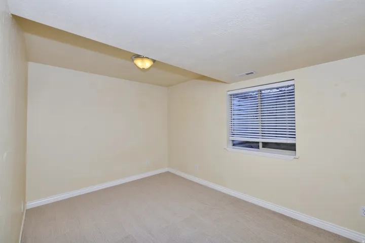 Carpeted flooring, window with blinds, ceiling-mounted light fixture, and neutral painted walls