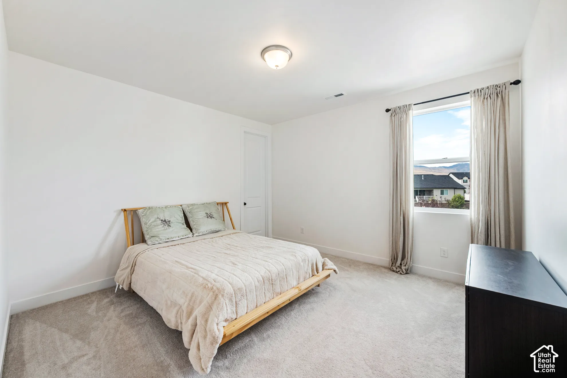 Carpeted room with white walls, a single window, and a flush-mount ceiling light