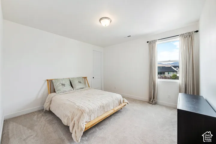 Carpeted room with white walls, a single window, and a flush-mount ceiling light