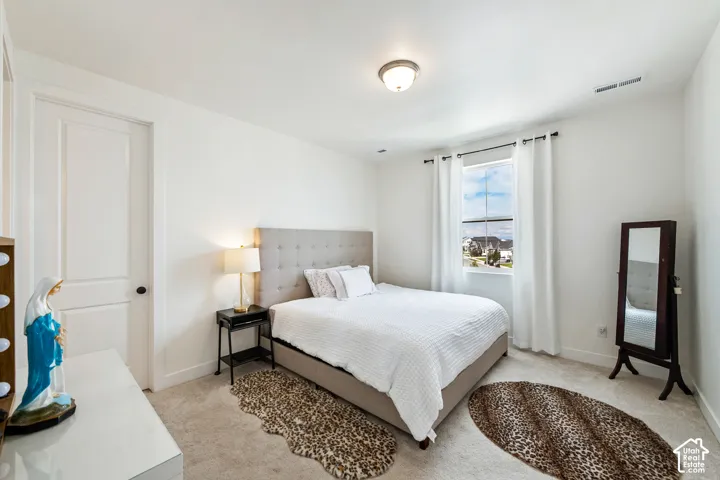 White interior walls, recessed single-panel door, carpet flooring, single window, and flush mount ceiling light fixture