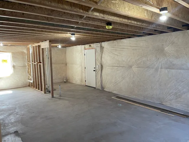 Unfinished basement with basement entrance.