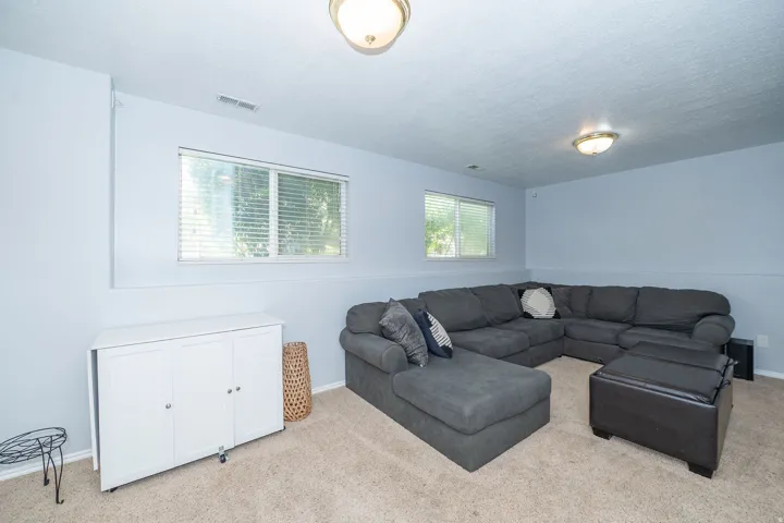 Carpeted flooring, two flush-mount ceiling lights, and two windows with horizontal blinds