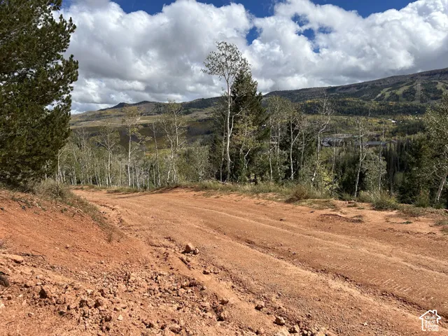Sloping terrain with natural red earth, framed by mature trees, and distant mountain scenery