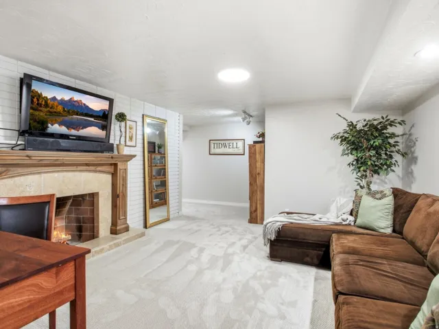Lower level family room with fireplace