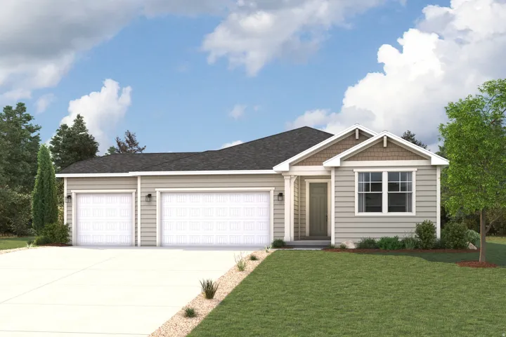 Siding exterior with shaker shingle accents, covered front entry, two-car garage, and landscaped front yard