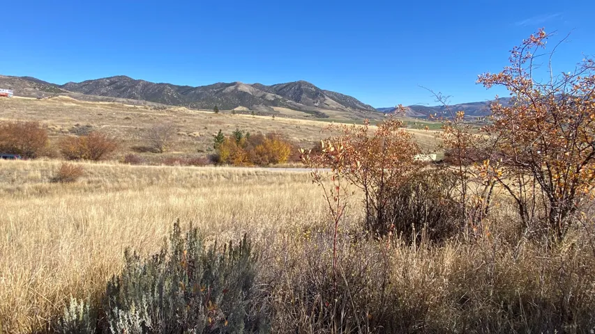 Expansive undeveloped land with distant mountain ranges and scattered autumn foliage