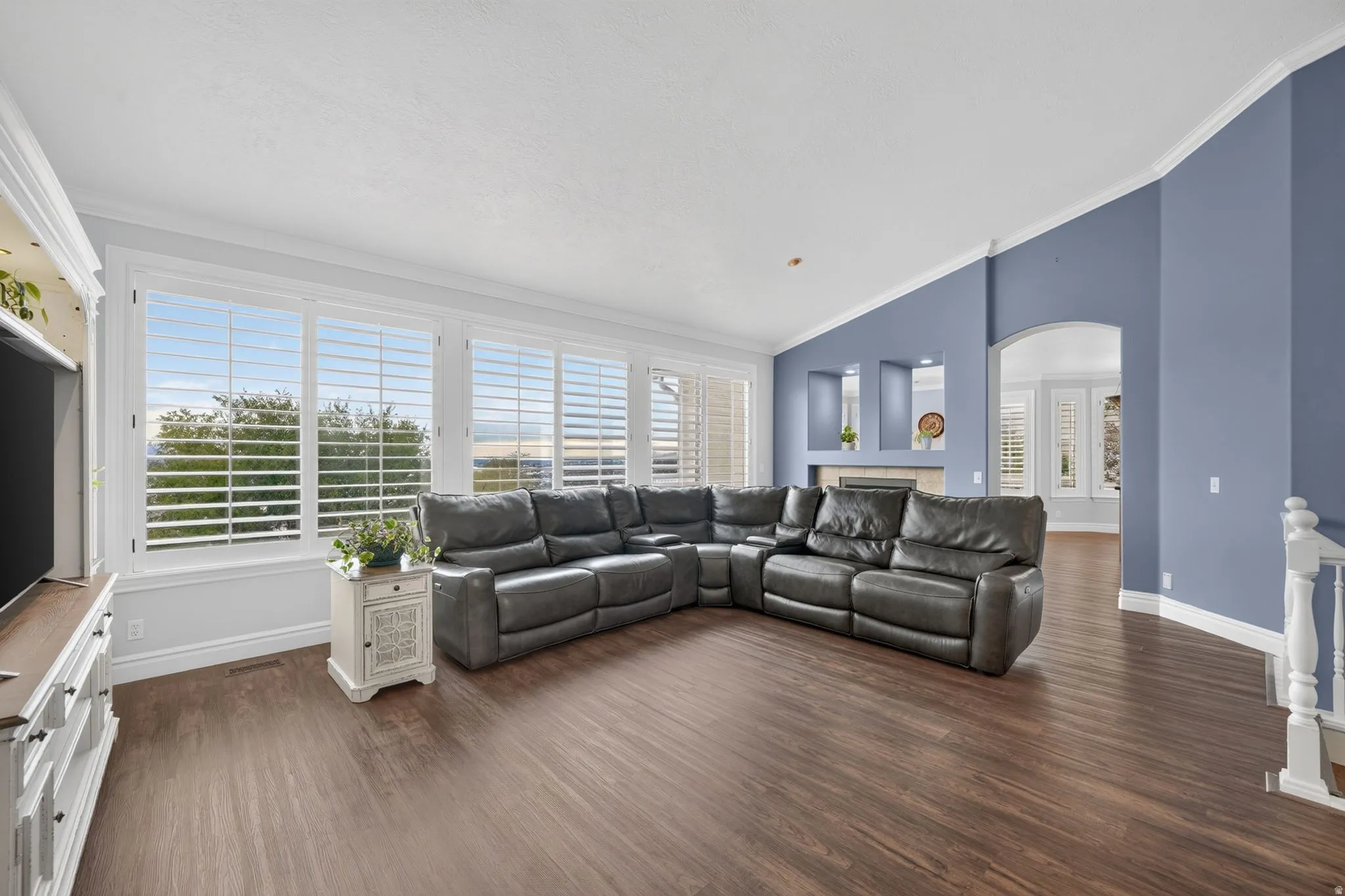 Extensive wood-finish flooring, multiple large windows with plantation shutters, vaulted ceiling, built-in shelving, and a decorative archway