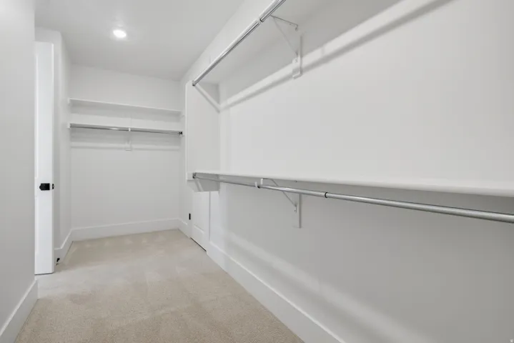 Walk-in closet featuring carpet flooring, recessed lighting, and integrated shelving with hanging rods