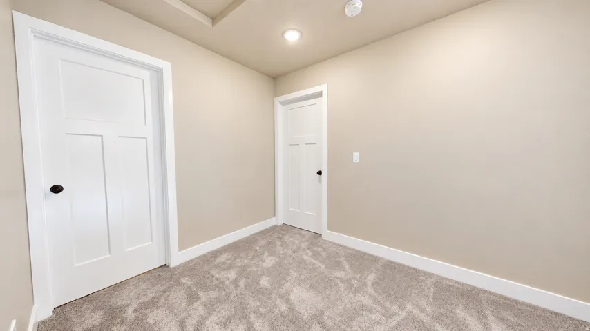 Neutral wall paint, recessed ceiling lighting, light gray carpet, white baseboards, and white interior doors with dark hardware