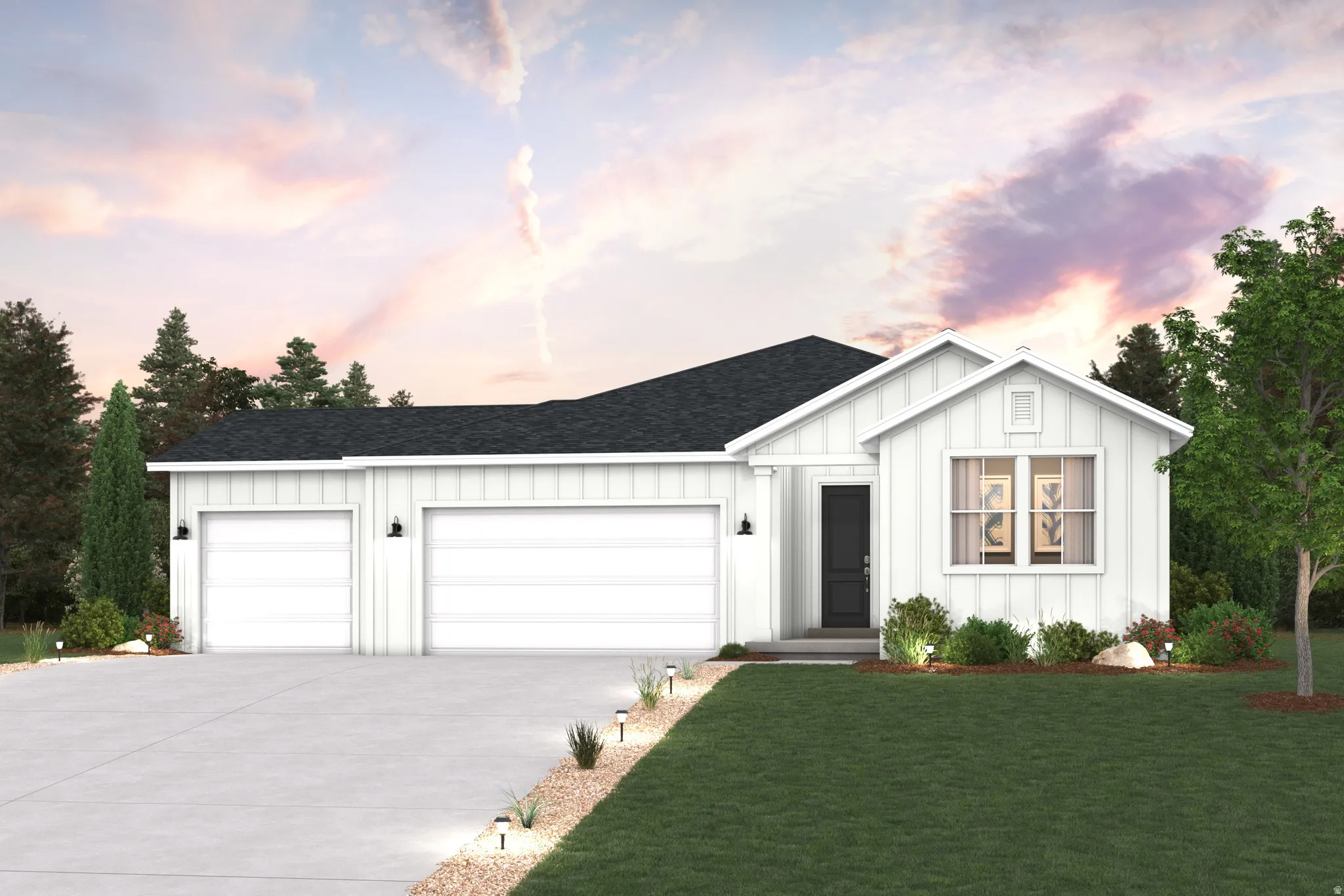 Contemporary white exterior with board and batten accents, two-car garage, dark asphalt shingle roof, dark front door, and manicured landscaping