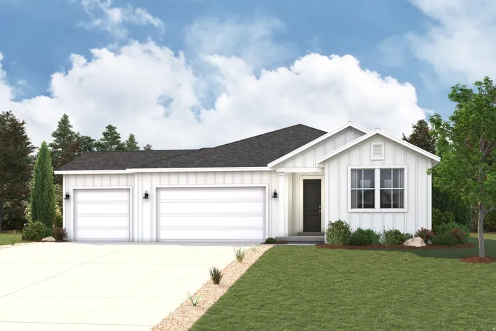White board-and-batten exterior with a dark shingle roof, two-car garage, and a concrete driveway