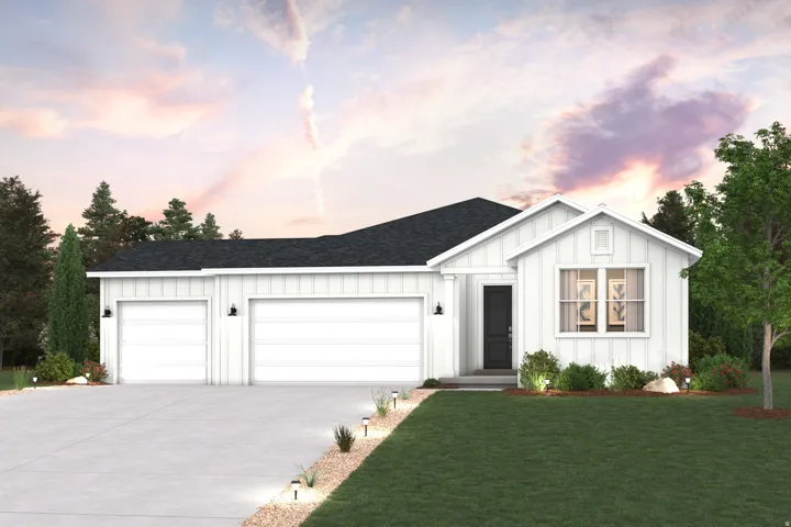 Contemporary white exterior with board and batten accents, two-car garage, dark asphalt shingle roof, dark front door, and manicured landscaping