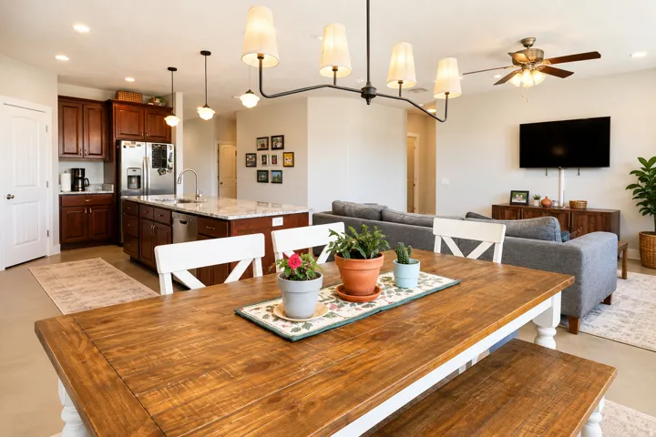 Spacious living area featuring a kitchen island with stone countertop, stainless steel appliances, dark wood-finish cabinetry, and a ceiling fan