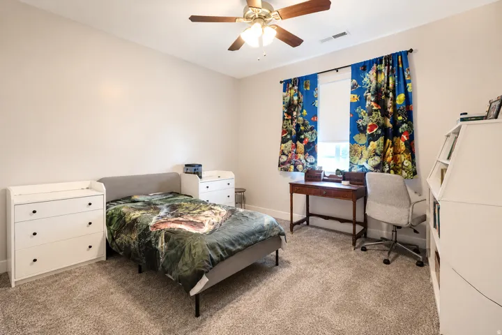 Carpeted room with a ceiling fan, a window with roller shades, and light-toned walls