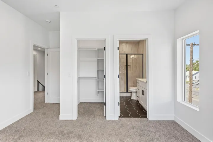Plush carpet flooring, integrated closet organization system, bathroom with hexagonal floor tile, glass-enclosed shower, and single vanity