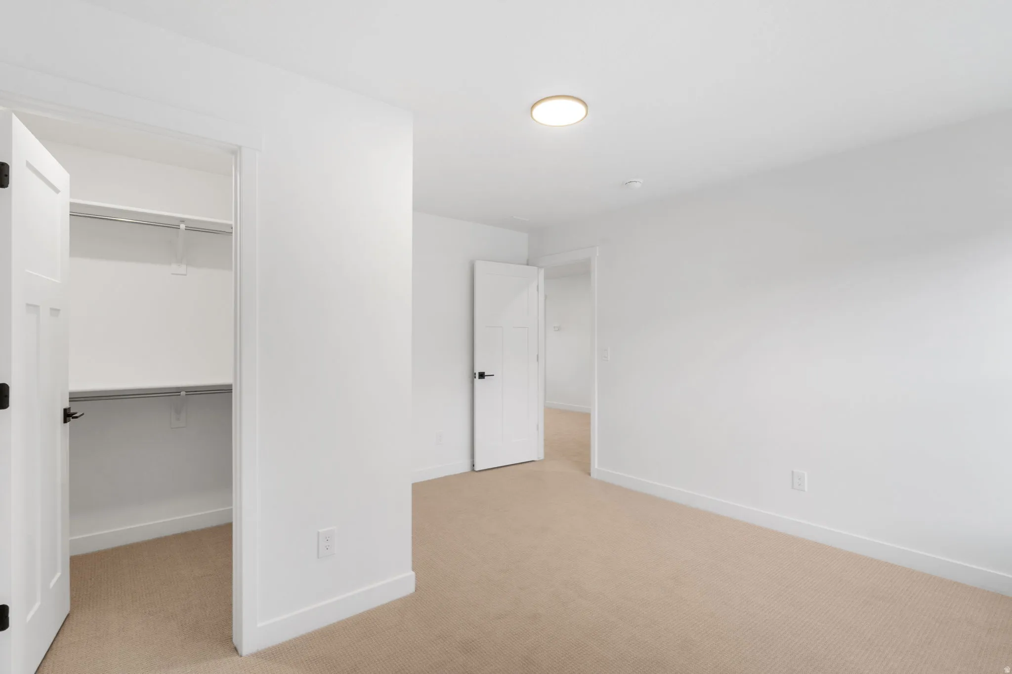 Neutral-toned carpeting, white walls, and a built-in closet with shelving and hanging rods